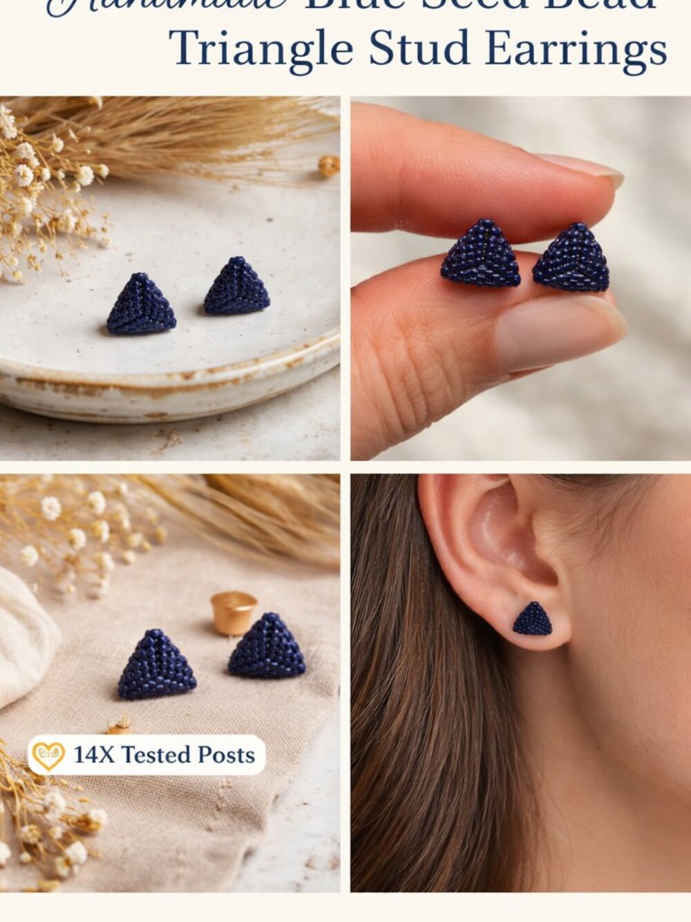 SE-61-Handmade earrings, seed bead earrings, blue studs, boho jewelry, minimalis